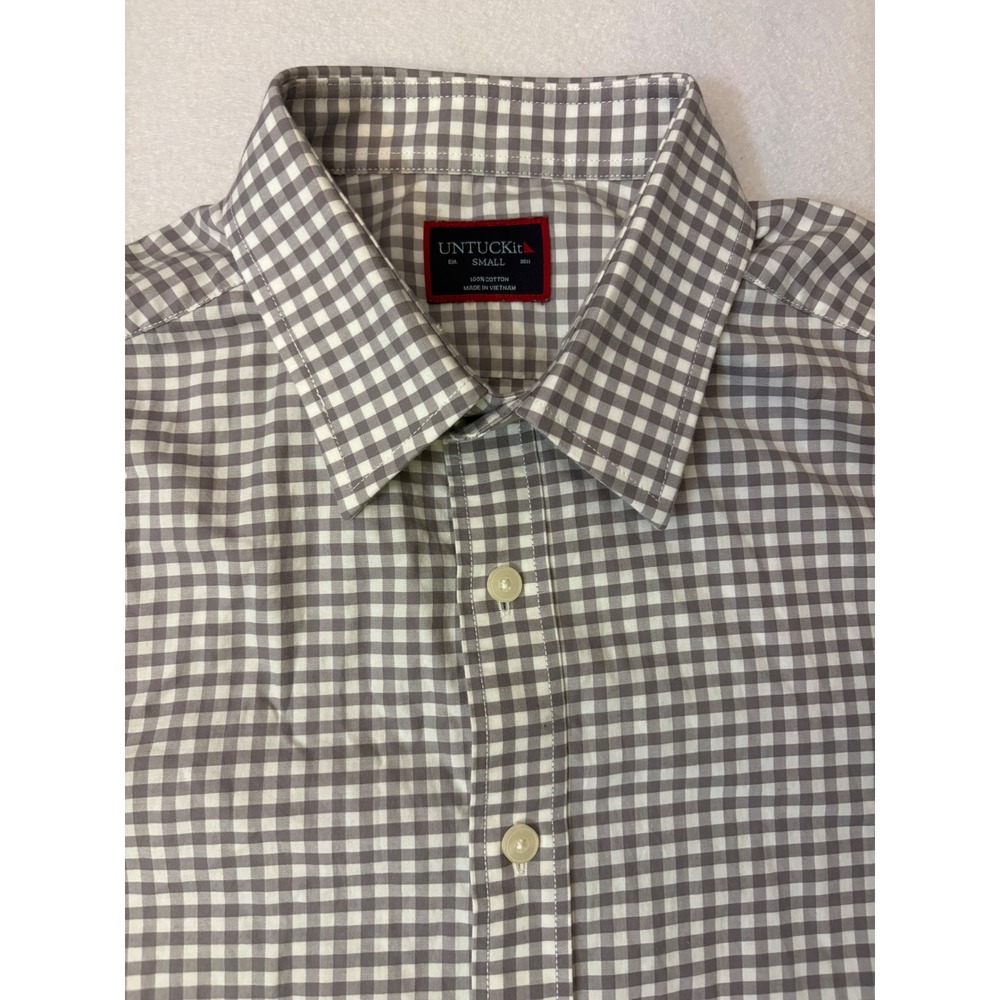 UNTUCKit Mens Small Grey Gingham Check Long Sleeve Button Down Cotton Shirt
